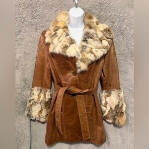 Vintage Leather & Rabbit Hair Jacket Guess Womens Small Brown Belted Button Y2K